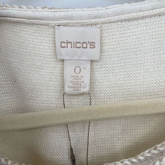 Chico's Short Sleeve Beaded Foil-Print Cardigan Sweater Gold & Ivory/Ecru Small - Picture 2 of 9